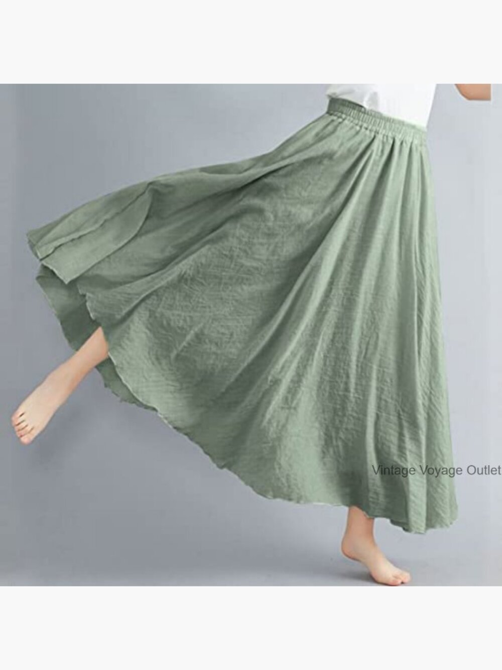 Bohemian Maxi Skirt Dress Elastic Waist Cotton Linen Floor Length - Picture 3 of 7